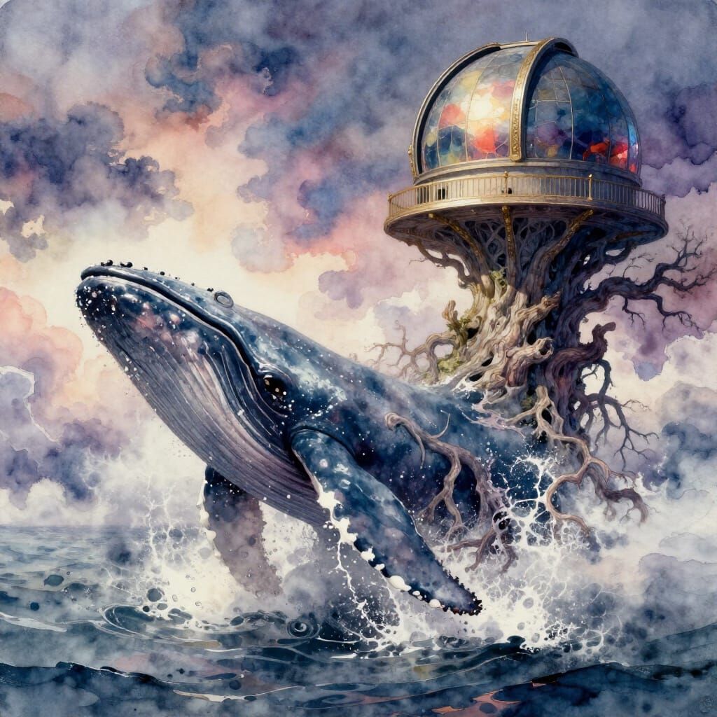 Whale-Tree Hybrid Breaching Cloud Sea with Observatory