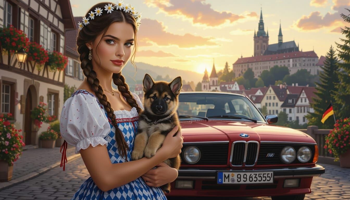 Woman in German Dress with Puppy and BMW