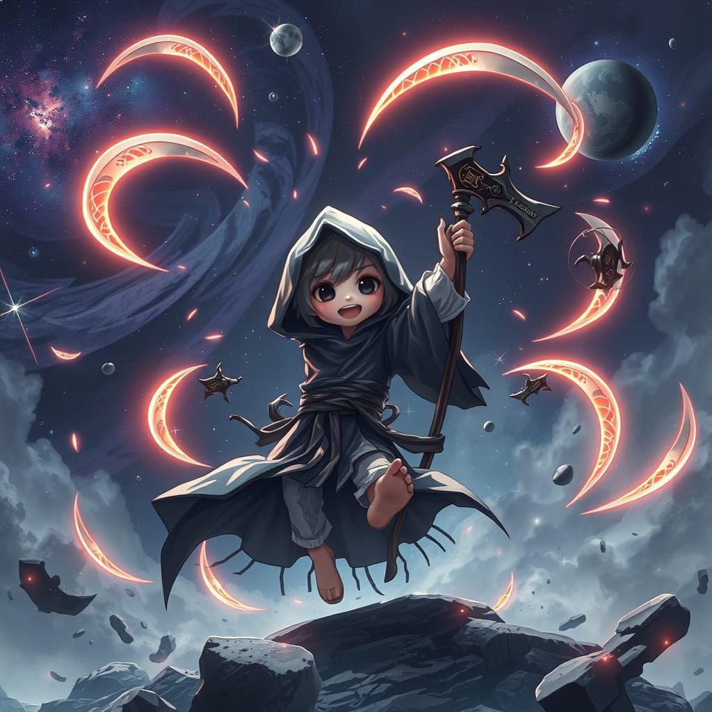 Mischievous Grim Reaper Child Dances in Nebula: 3D Anime Art