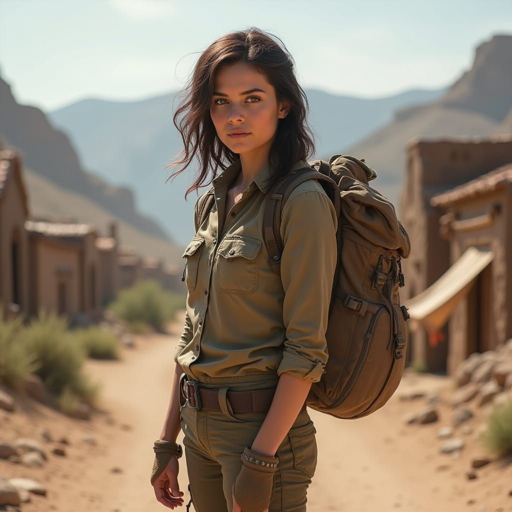 Hyperrealistic Portrait of Woman in Desert Village