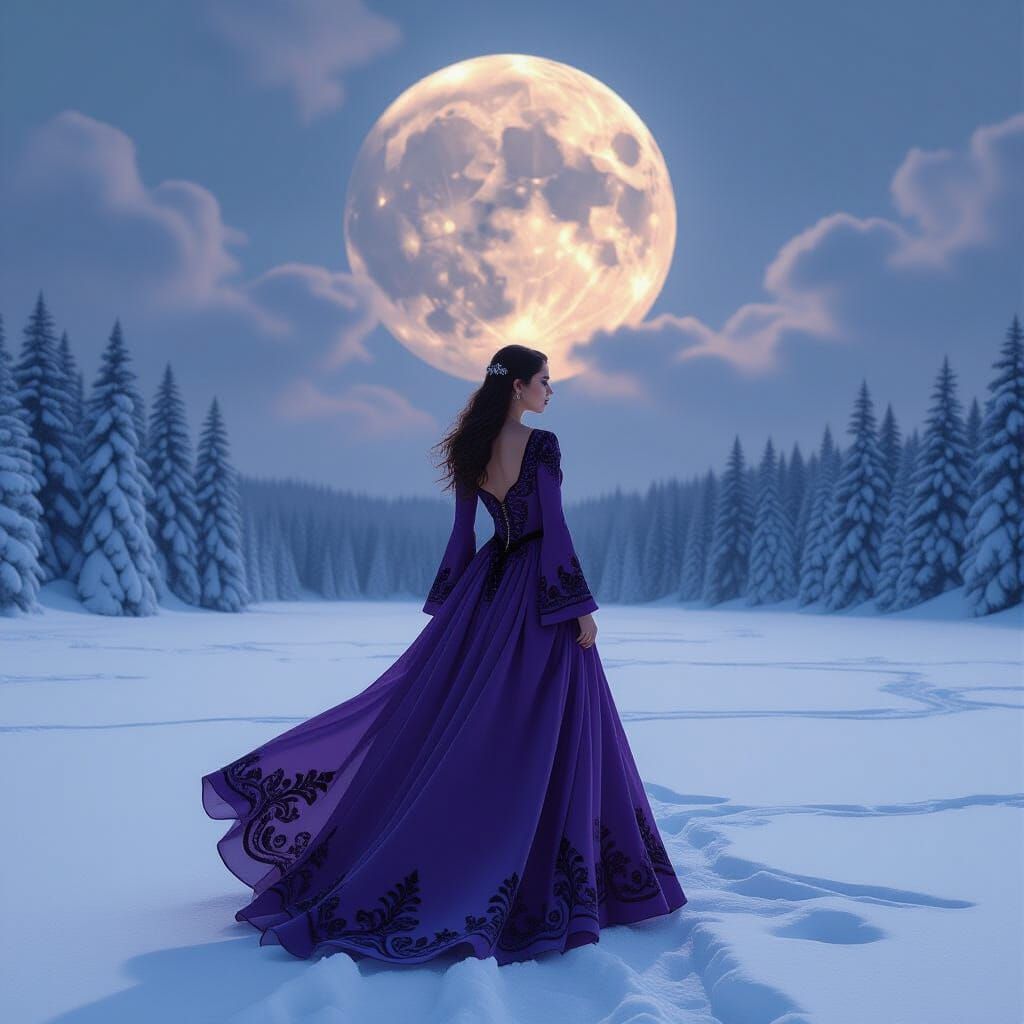 Woman in Purple Gown on Frozen Lake Under Moon