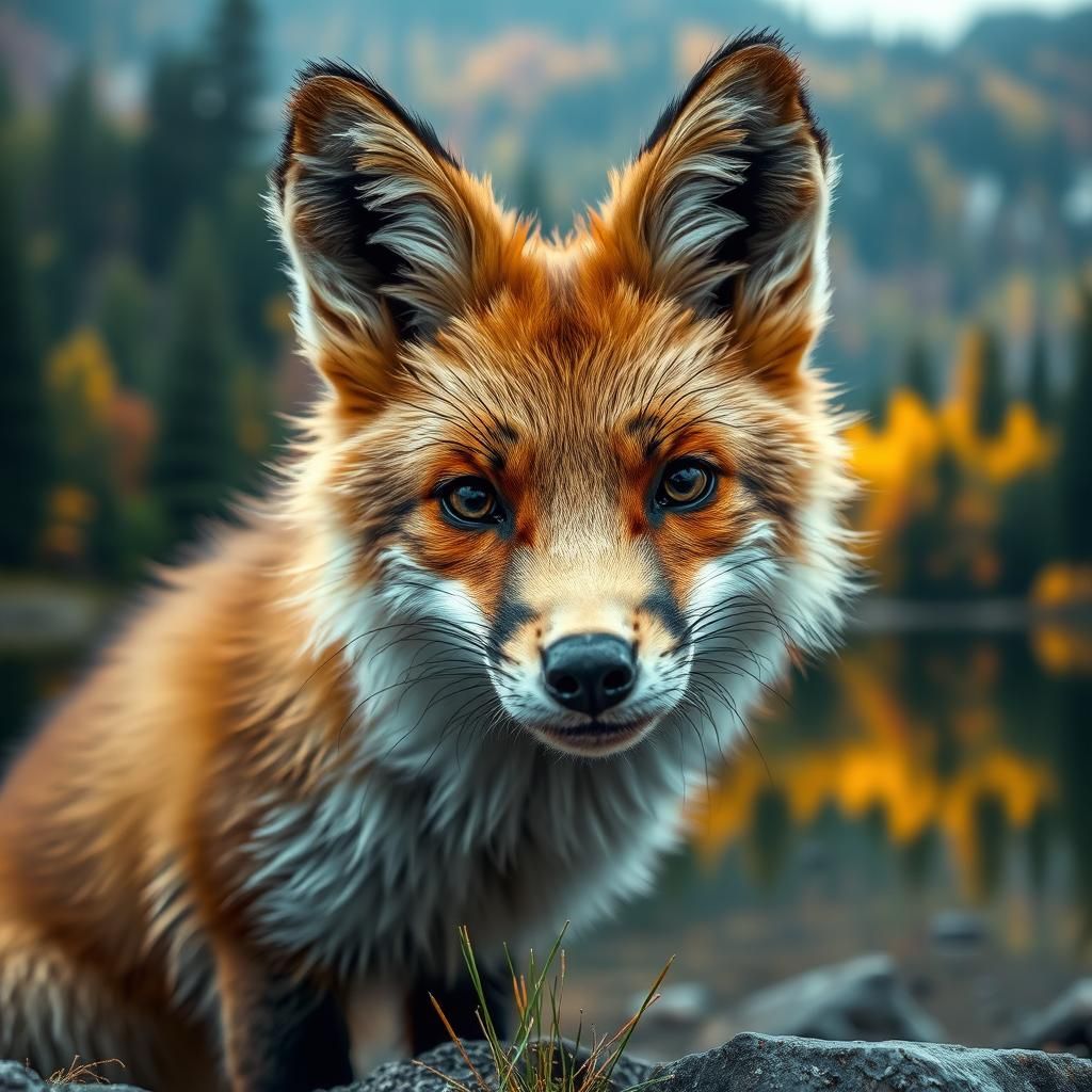 Curious Fox Beside Colorful Forest Lake