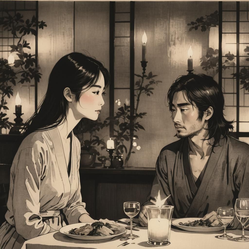 Romantic Couple at Dinner, Shin-Hanga Style