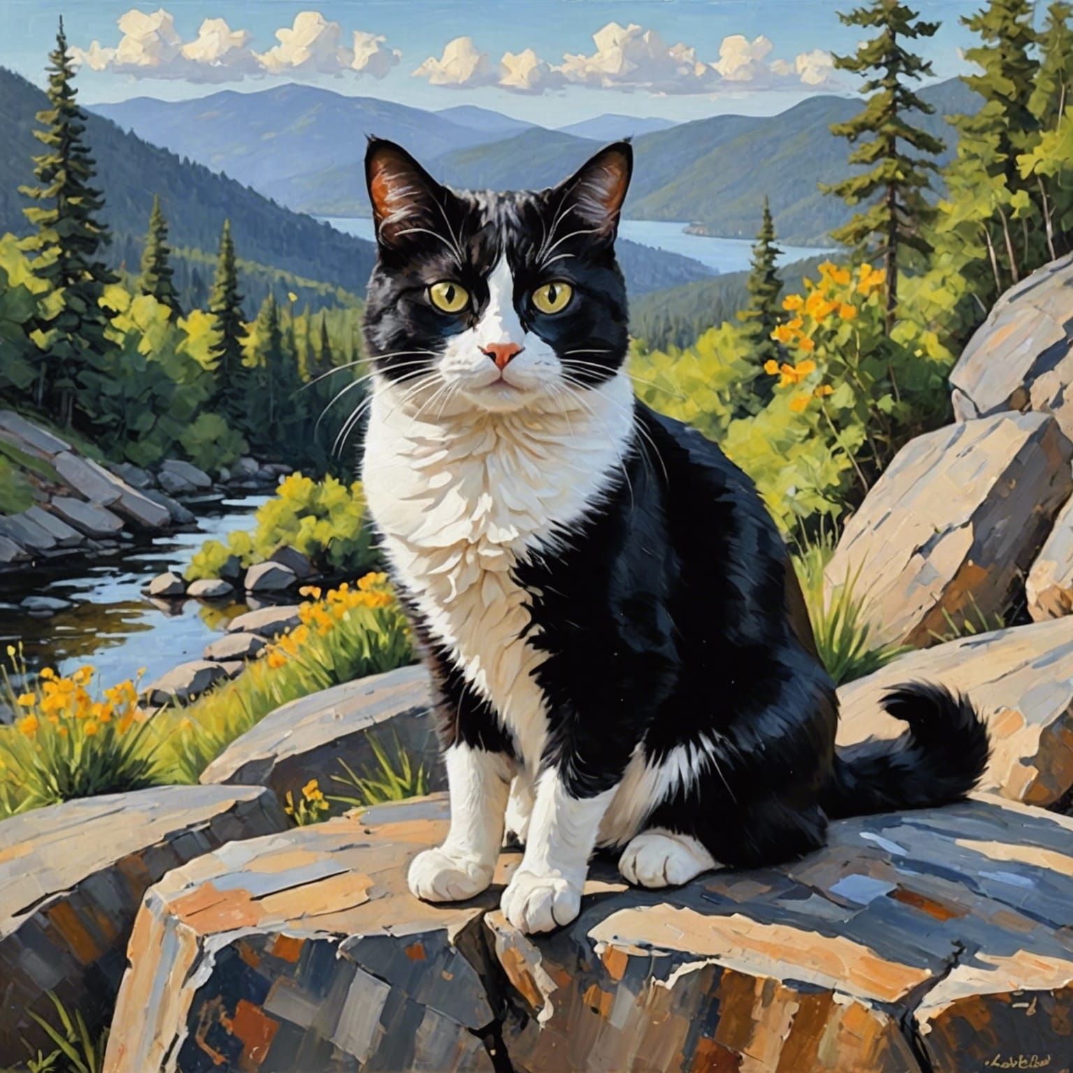 Tuxedo Cat Sits Regally on a Rock in Expressive Palette Knif...