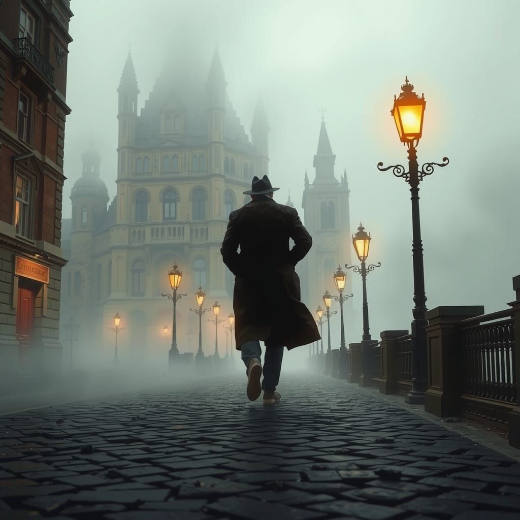 Detective in Foggy Metropolis in Film Noir Style
