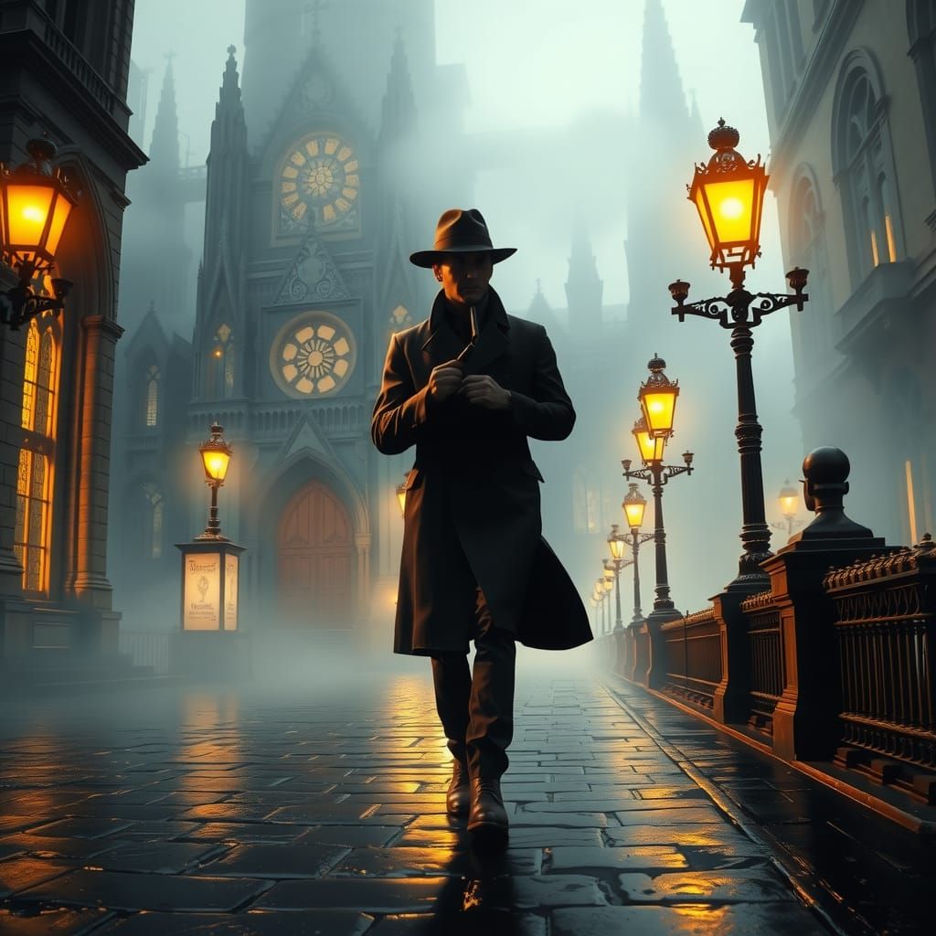 Film Noir Detective in Gothic Metropolis