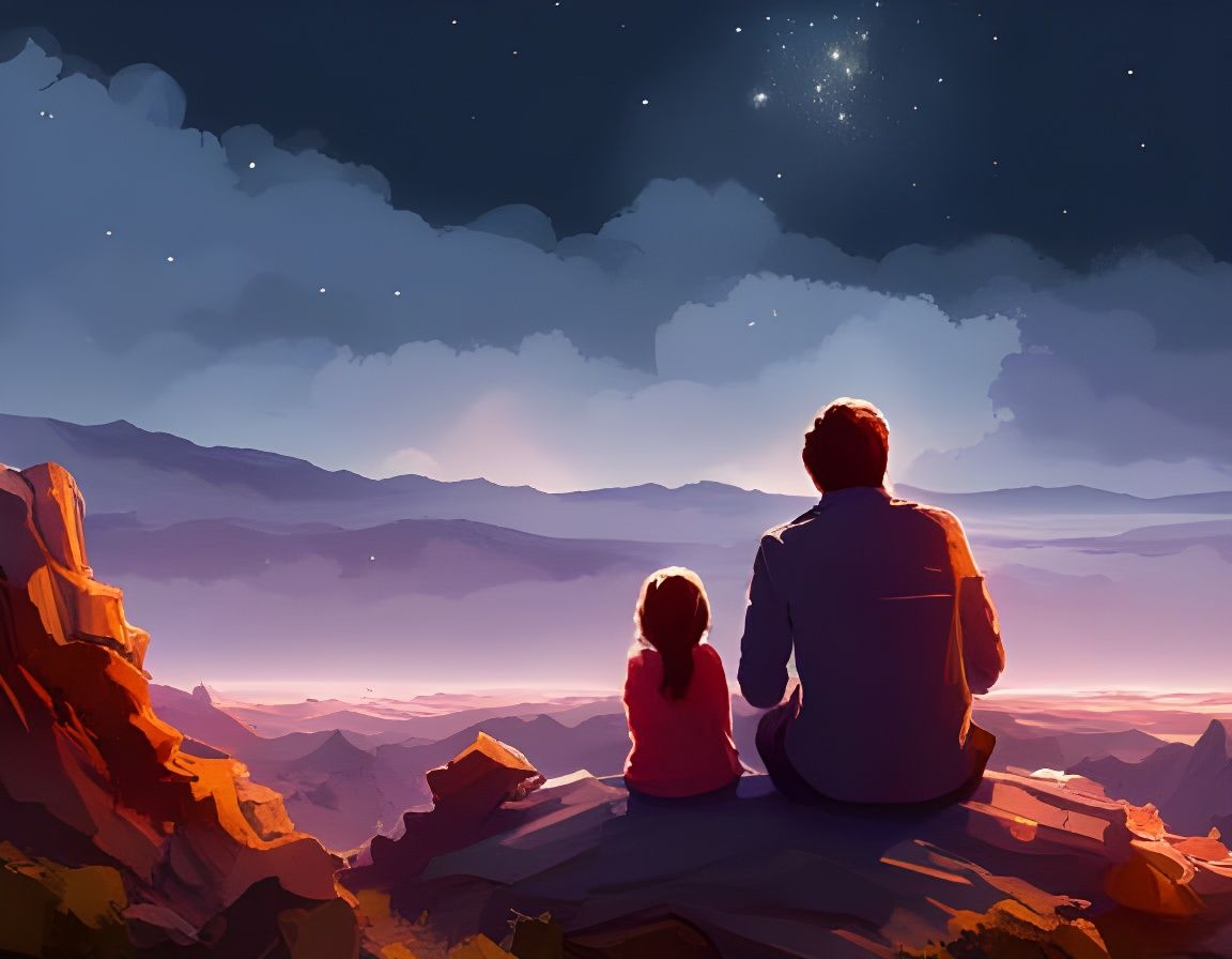 Father and Daughter Admire Starry Sky, Digital Art