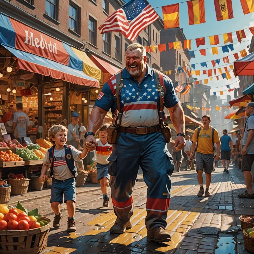 Patriotic Strongmen Playing with Child, Golden Hour Lighting