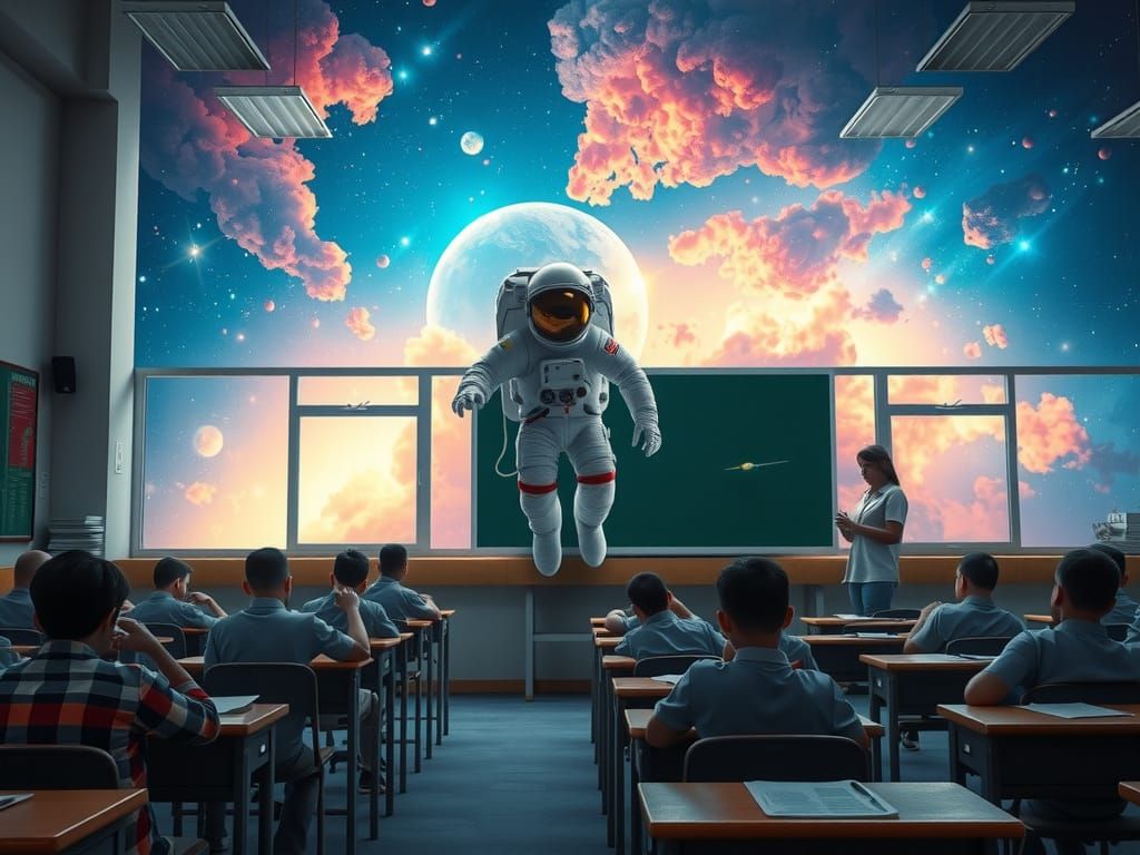 Astronaut Amidst Vibrant Nebulae in a Schoolroom Scene