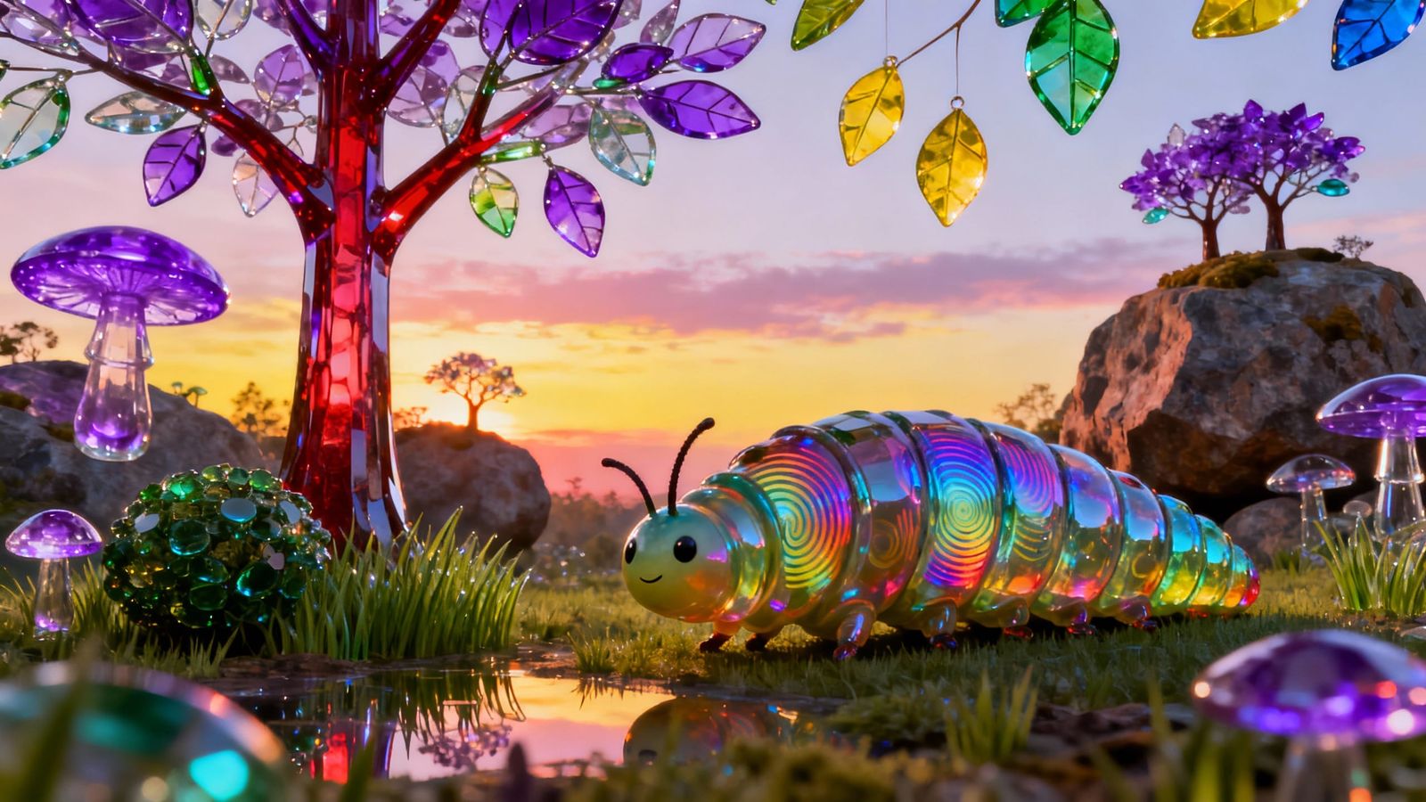 Glass Forest With Floating Rocks and Giant Caterpillar