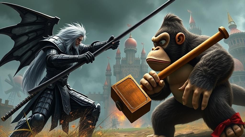 Epic Duel: Sephiroth vs Donkey Kong in Amano Style