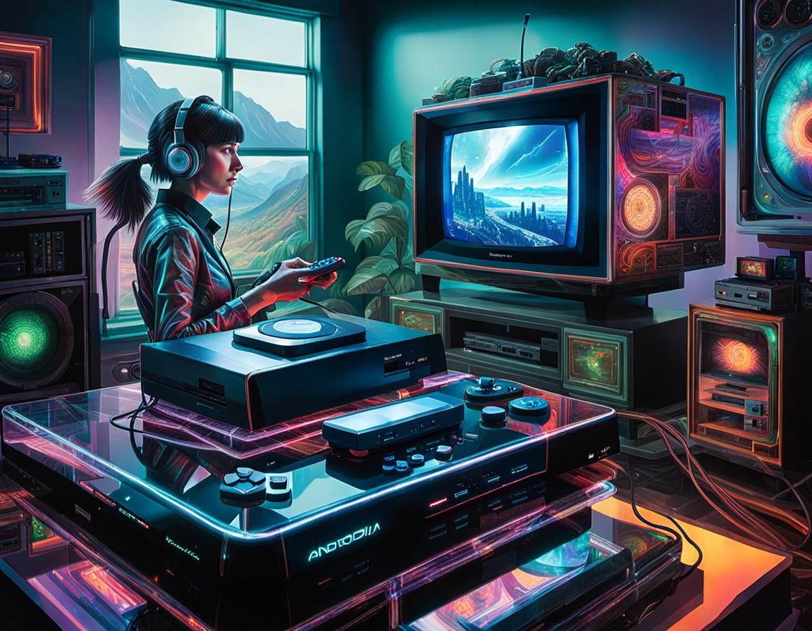 Double Exposure Girl Playing 1980s Console
