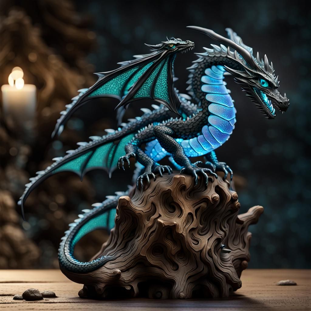 Bioluminescent Crystal Dragon Sculpture on Gnarled Tree Stum...