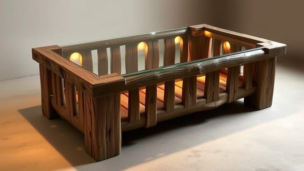 Rustic Wooden Coffee Table with Glass Surface