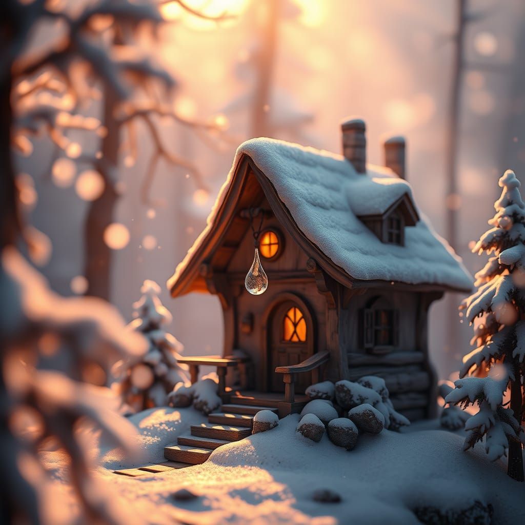 Serene Winter Cottage Scene in Whimsical Fantasy Style