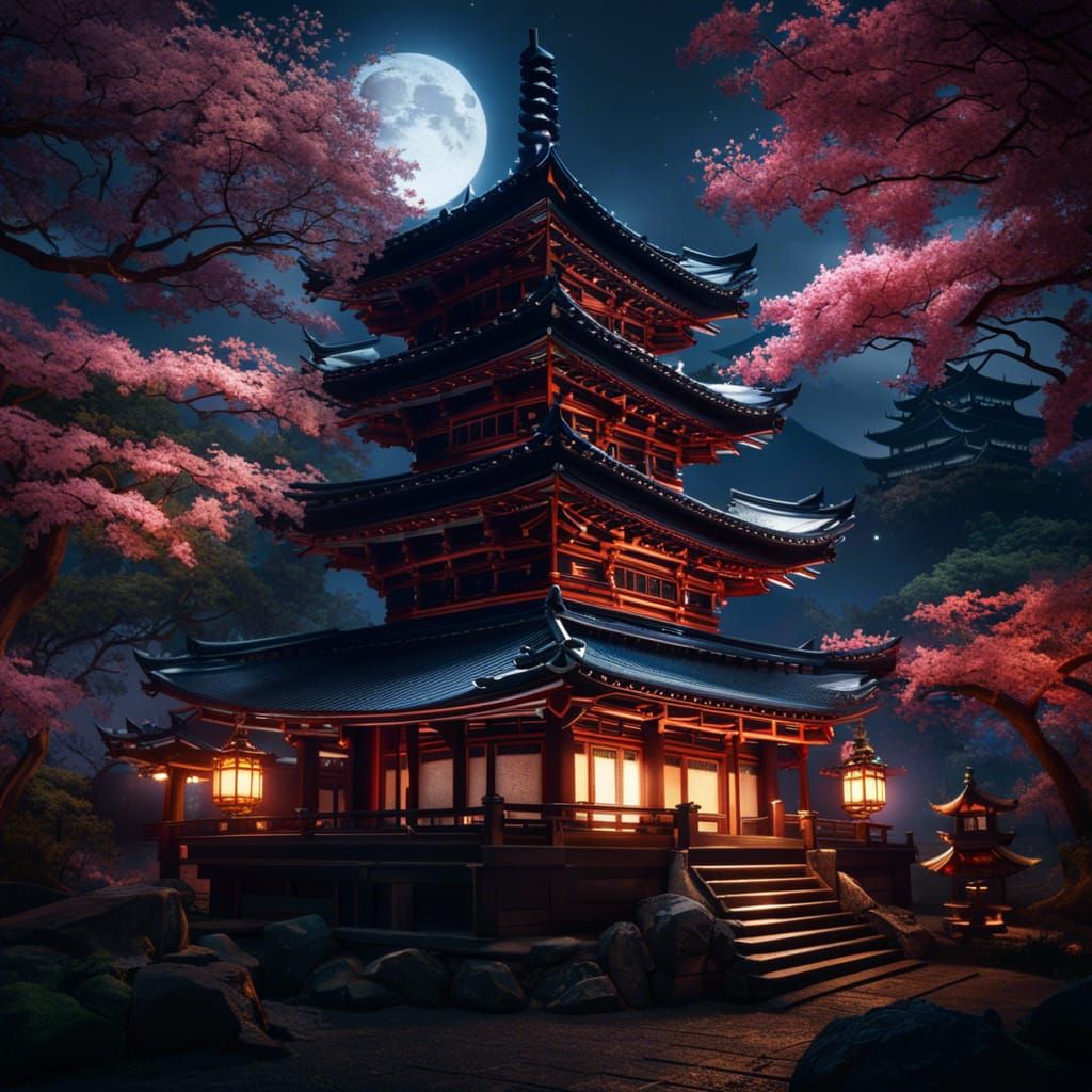 Majestic Moonlit Pagoda: Hyperdetailed Fantasy Art