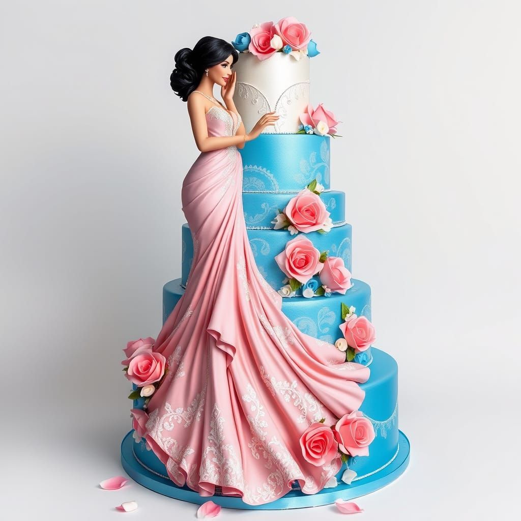 Six-Tier Blue Glitter Cake With Fondant Heritage Figure