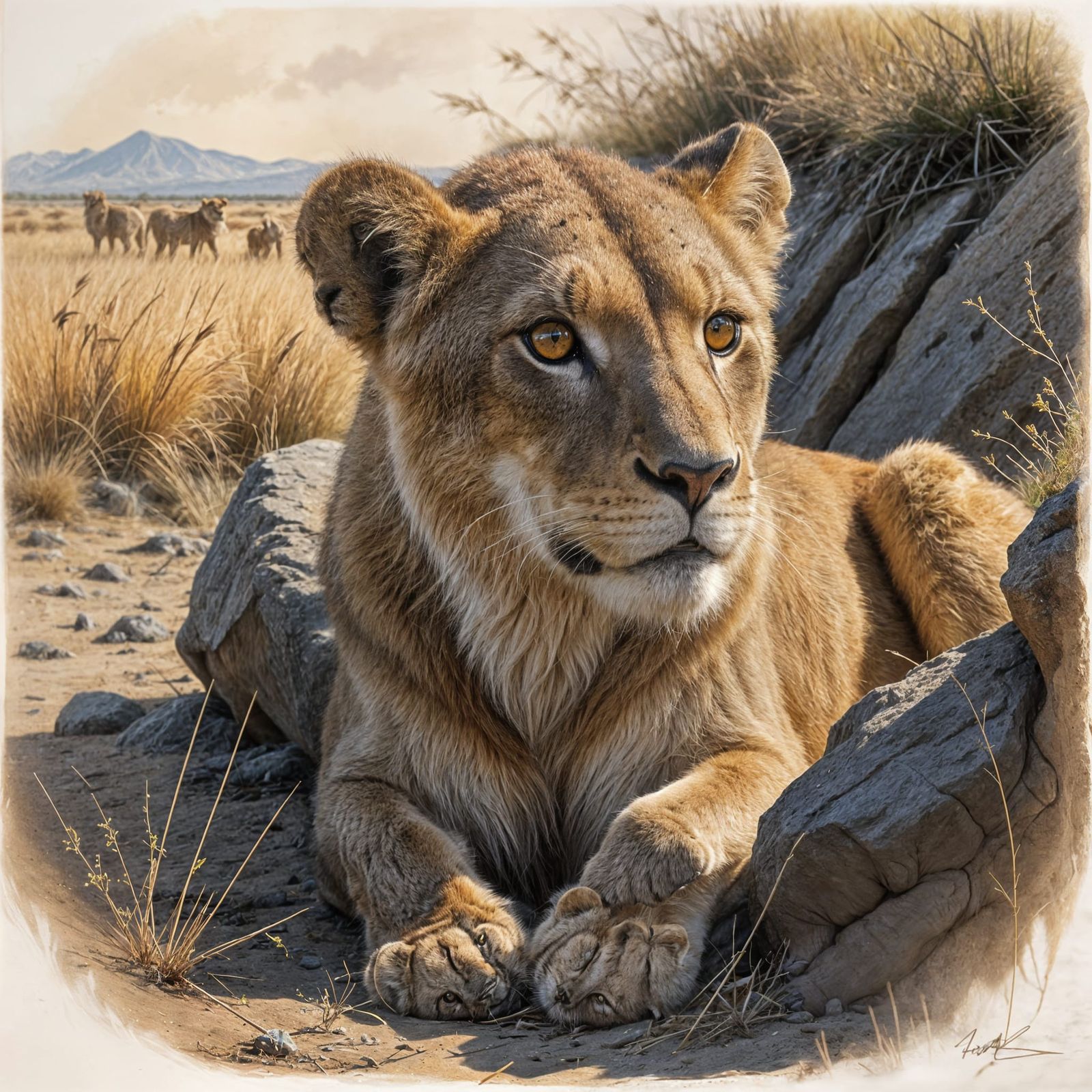 Realistic Graphite Lioness Portrait in Vibrant Savannah Land...