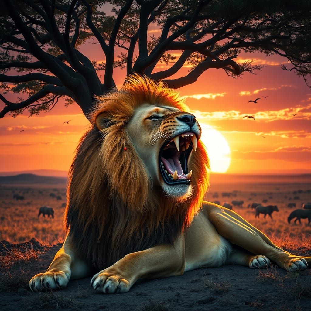 Majestic Lion Roaring at Sunset, Hyperrealistic Style