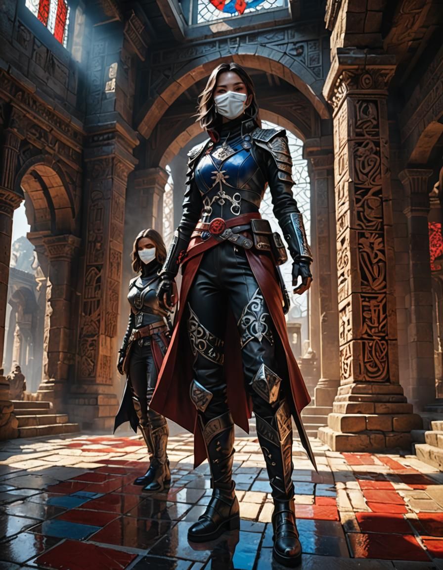 Fantasy Assassins in Ancient Temple, Hyper-Realistic Digital...