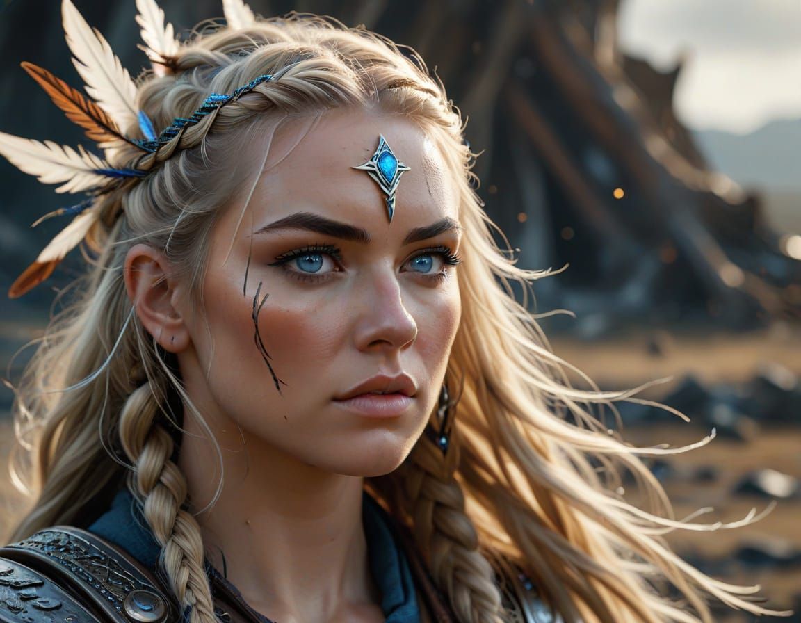 Valkyrie Warrior Portrait on Battlefield in Hyperrealism