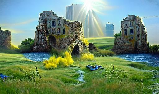 Sunlit Castle Ruins in Grassy Landscape