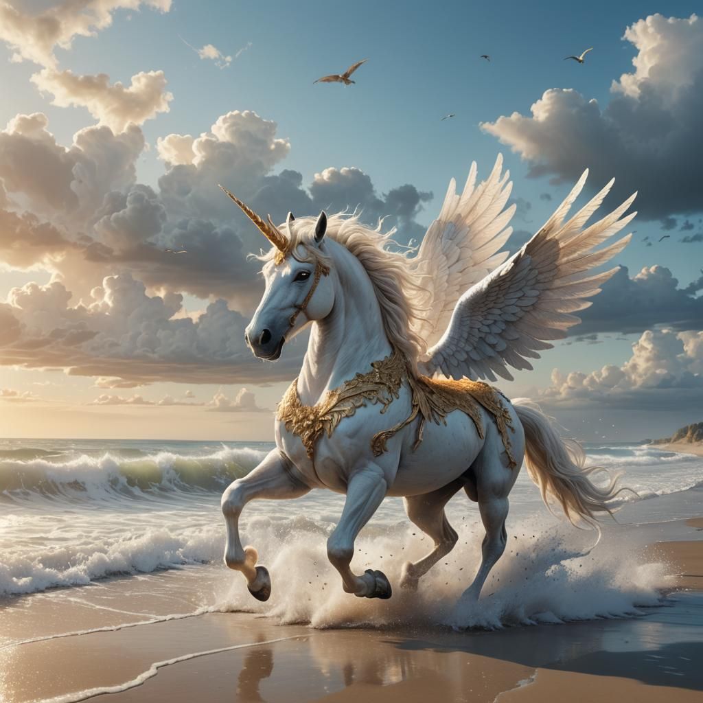 Winged Unicorn Runs on Beach in Fantasy Art