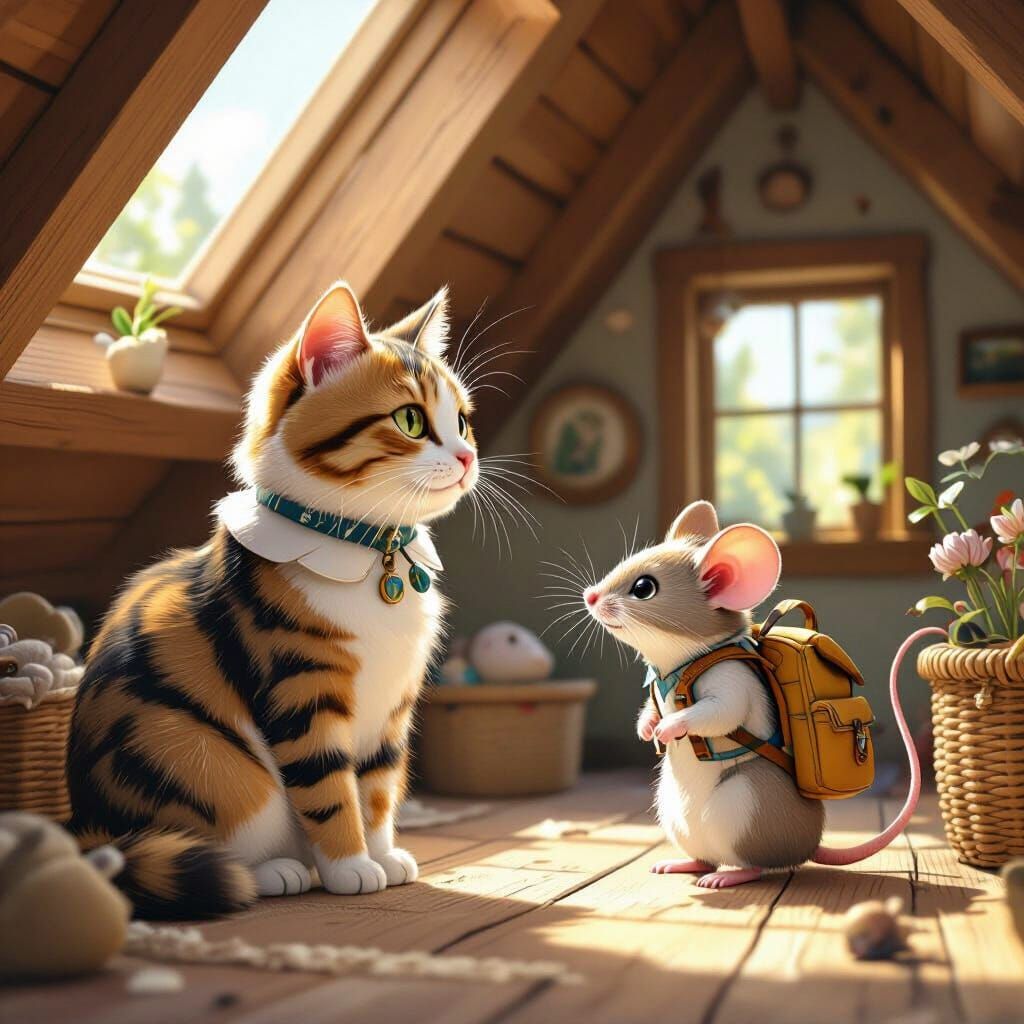 Cat and Mouse in Sunlit Attic, Whimsical Style