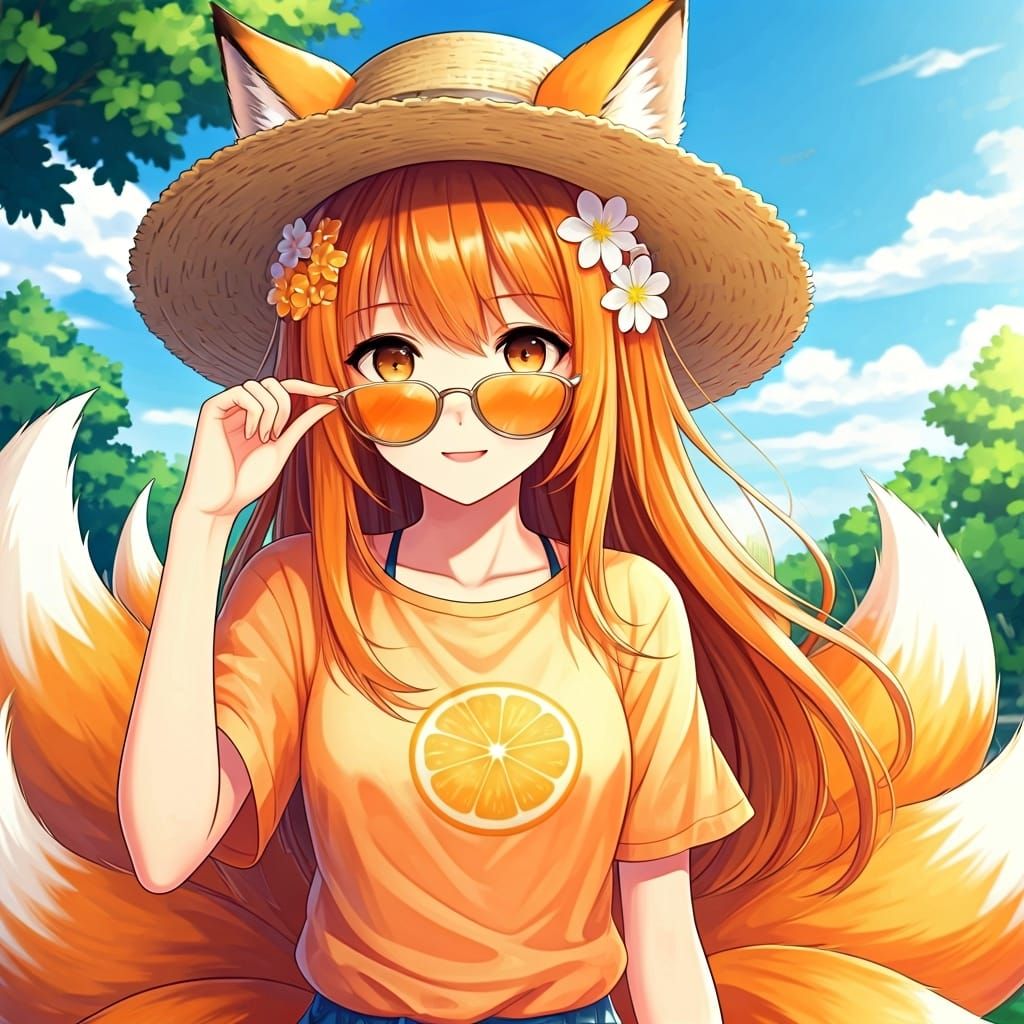 Anime Fox Girl in Summer Outfit with Flowers