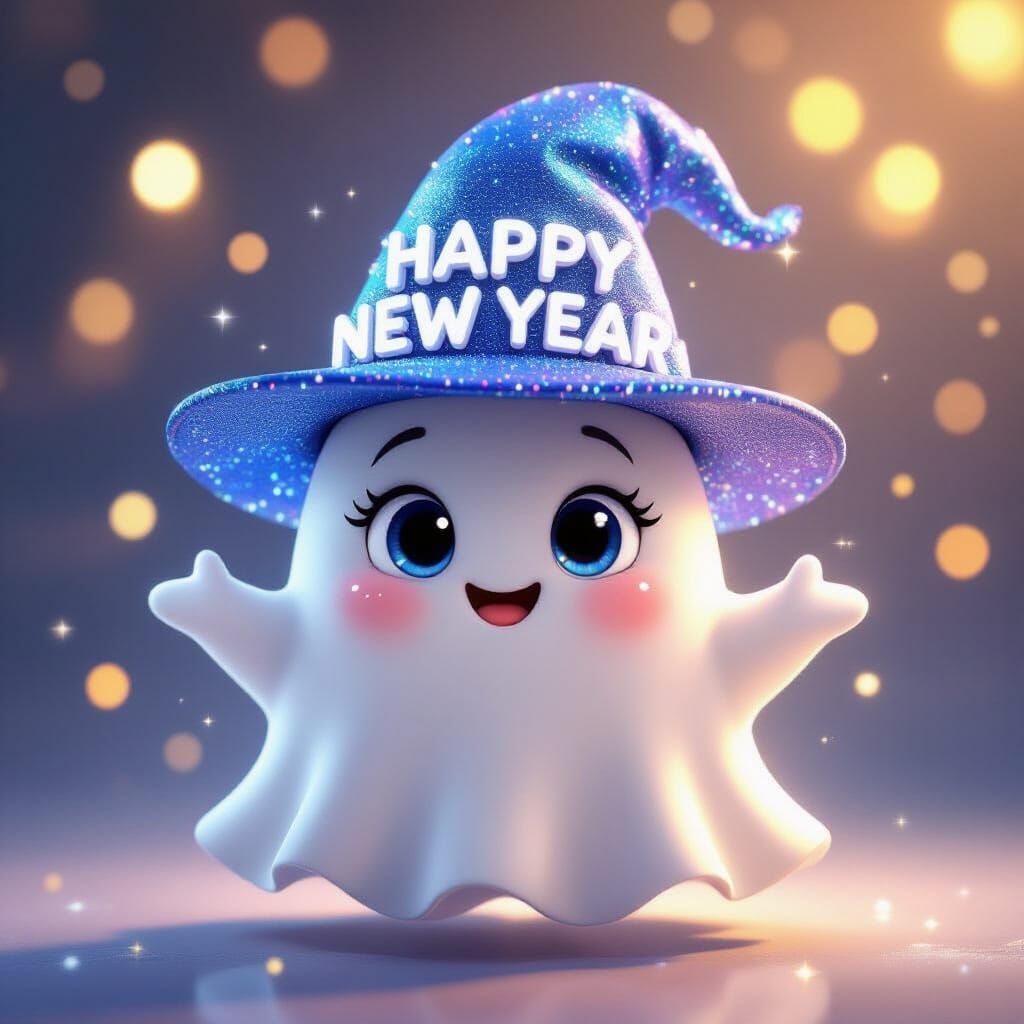 Cute Ghost Wishes Happy New Year in 3D Style