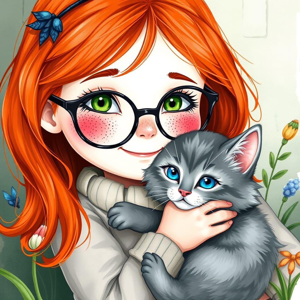 Whimsical Watercolor Girl and Cat in Nature