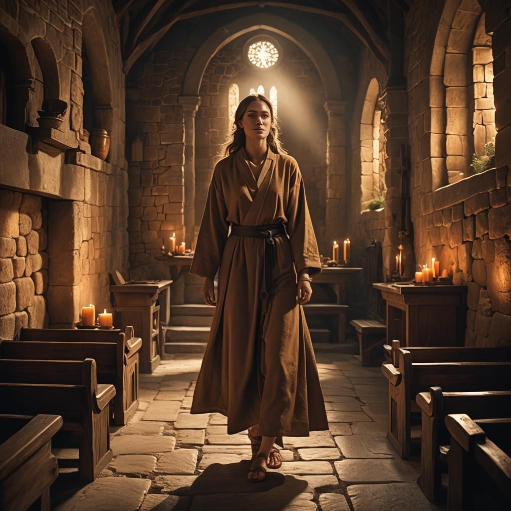 Compassionate Monk in Candlelit Chapel: Fantasy Art