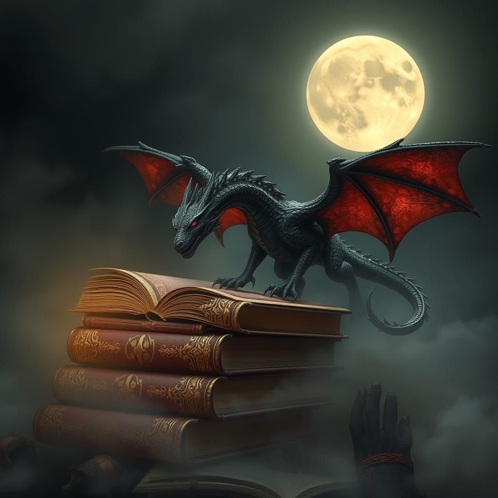 Mysterious Tomes and Majestic Dragon in a Haunting, Whimsica...