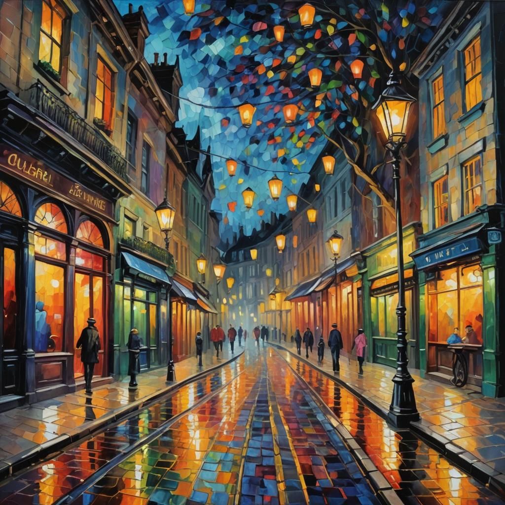 Victorian Street at Night as Impasto Painting