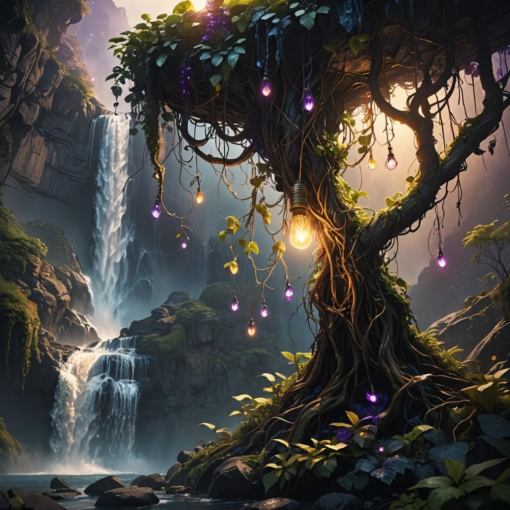 Mystical Bulb Waterfall: Fantasy Concept Art
