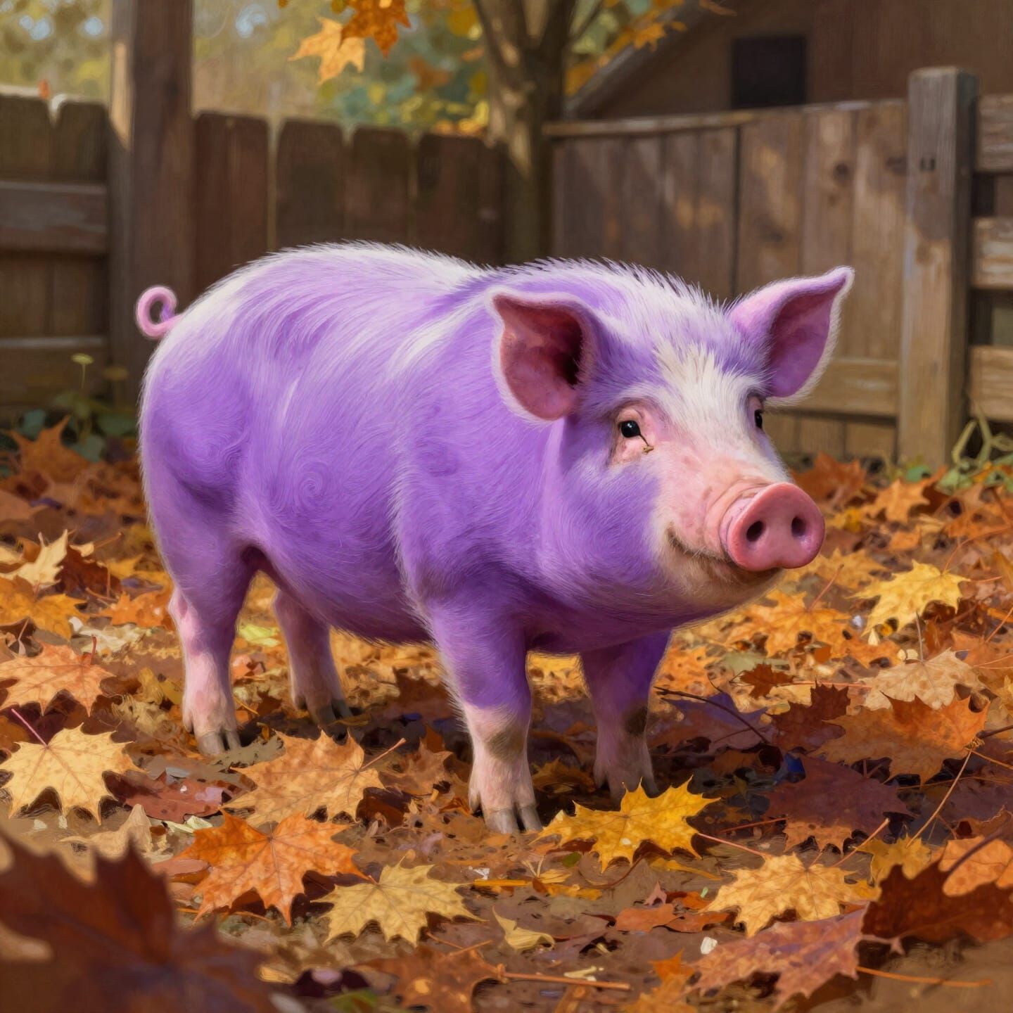 Purple Pig in Autumn Leaves Storybook Illustration