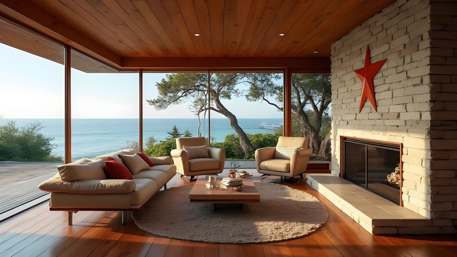 Usonian Home Interior with Ocean View