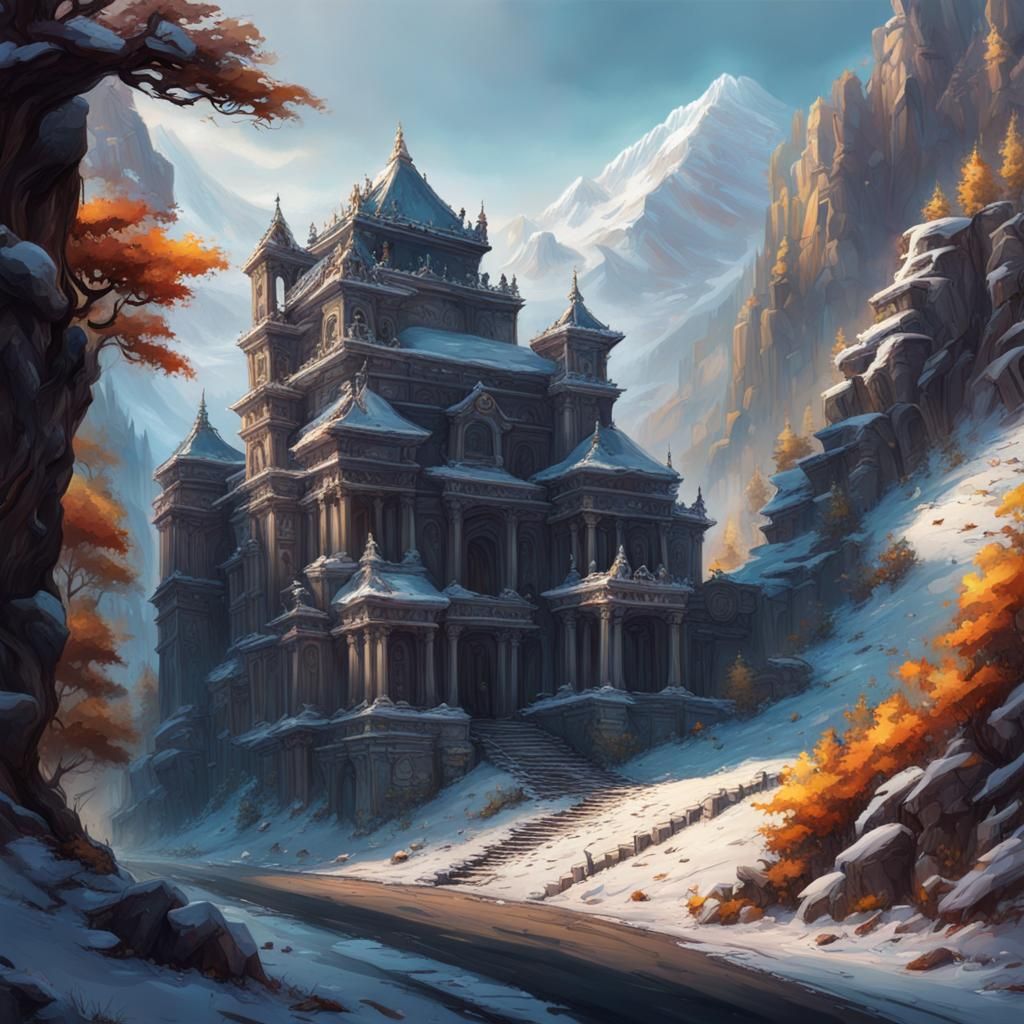 Snowy Mountain Palace with Skull Road: Hyperrealistic Art