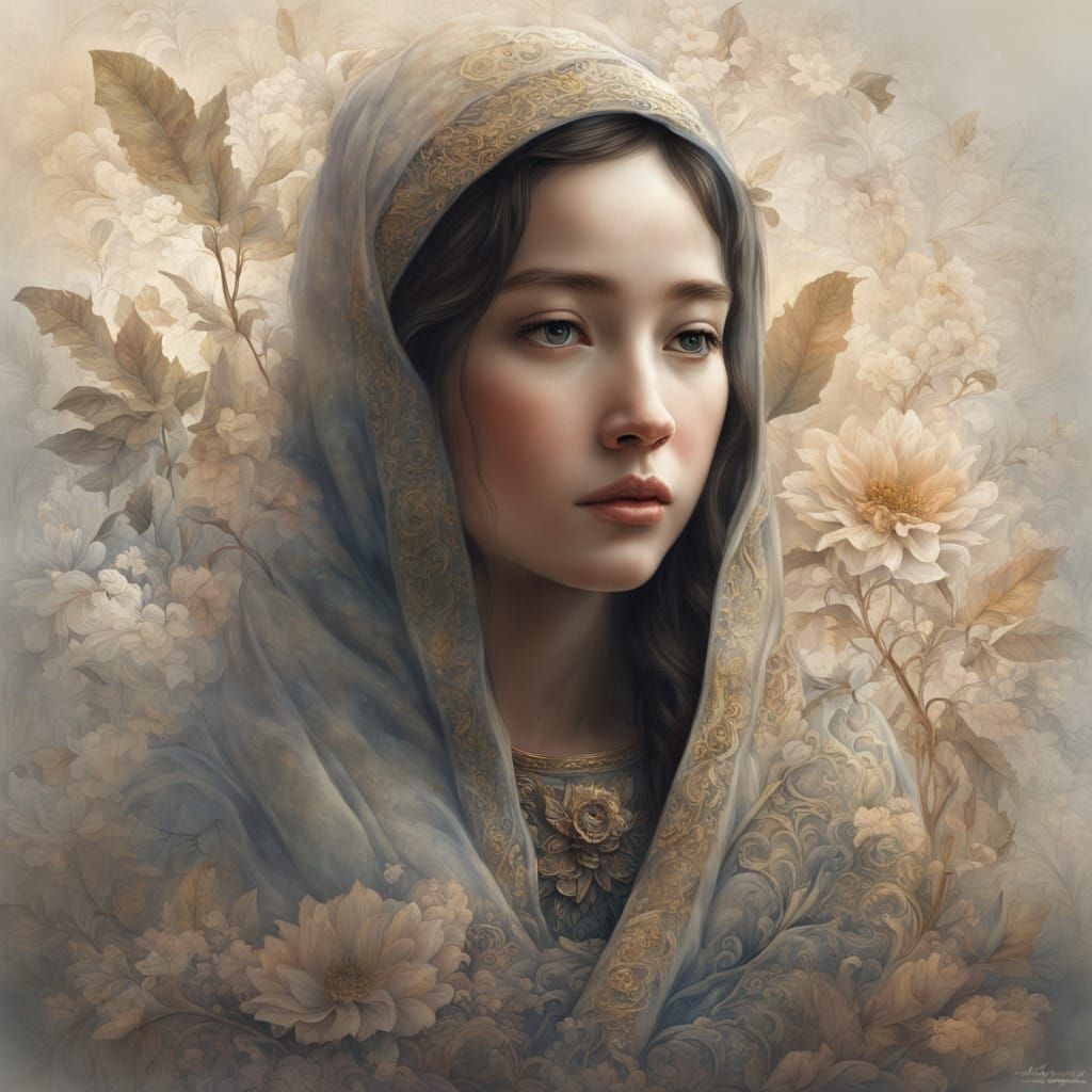 Mary in a Dreamlike Atmosphere of Soft Mist