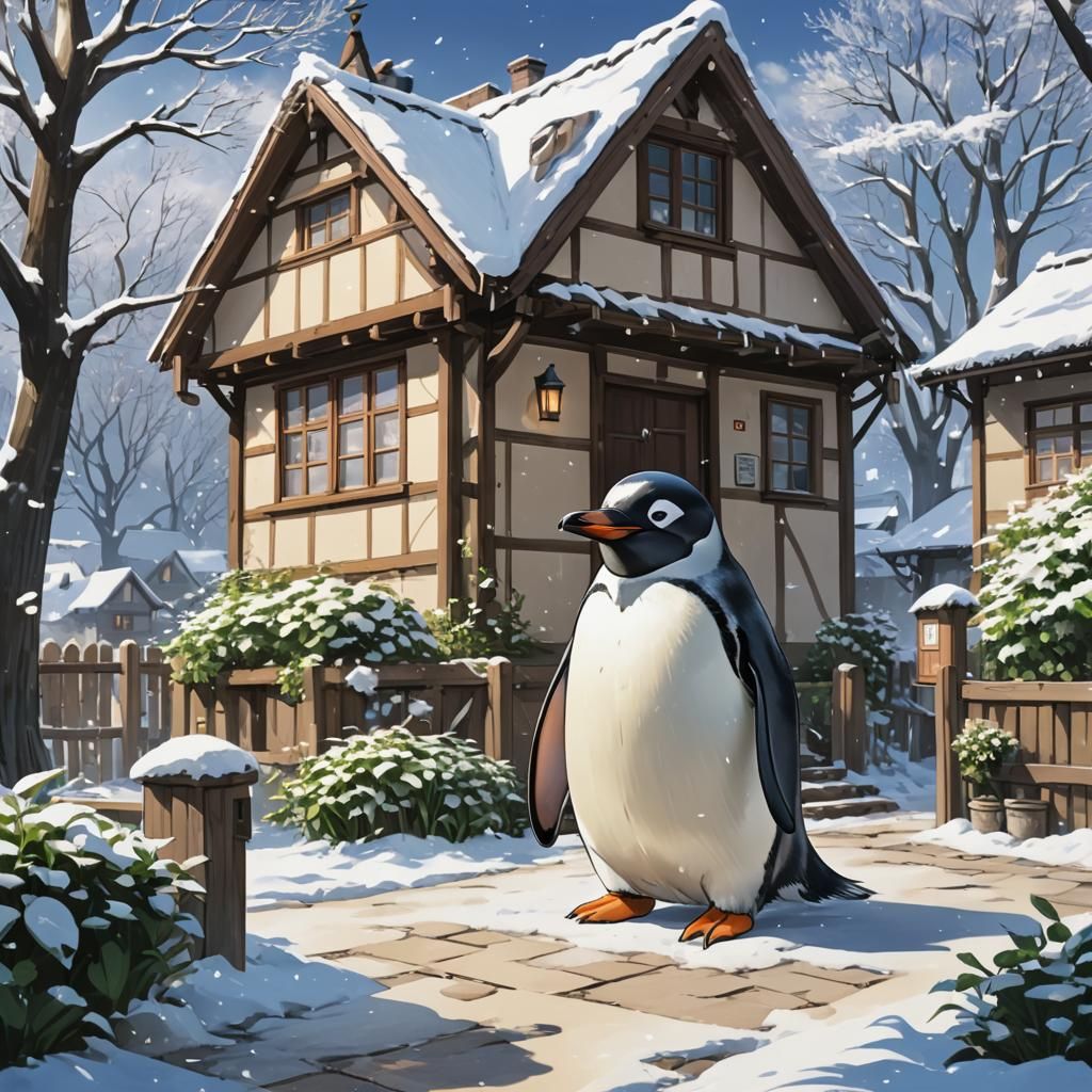 Penguin in Snowy Anime Scene