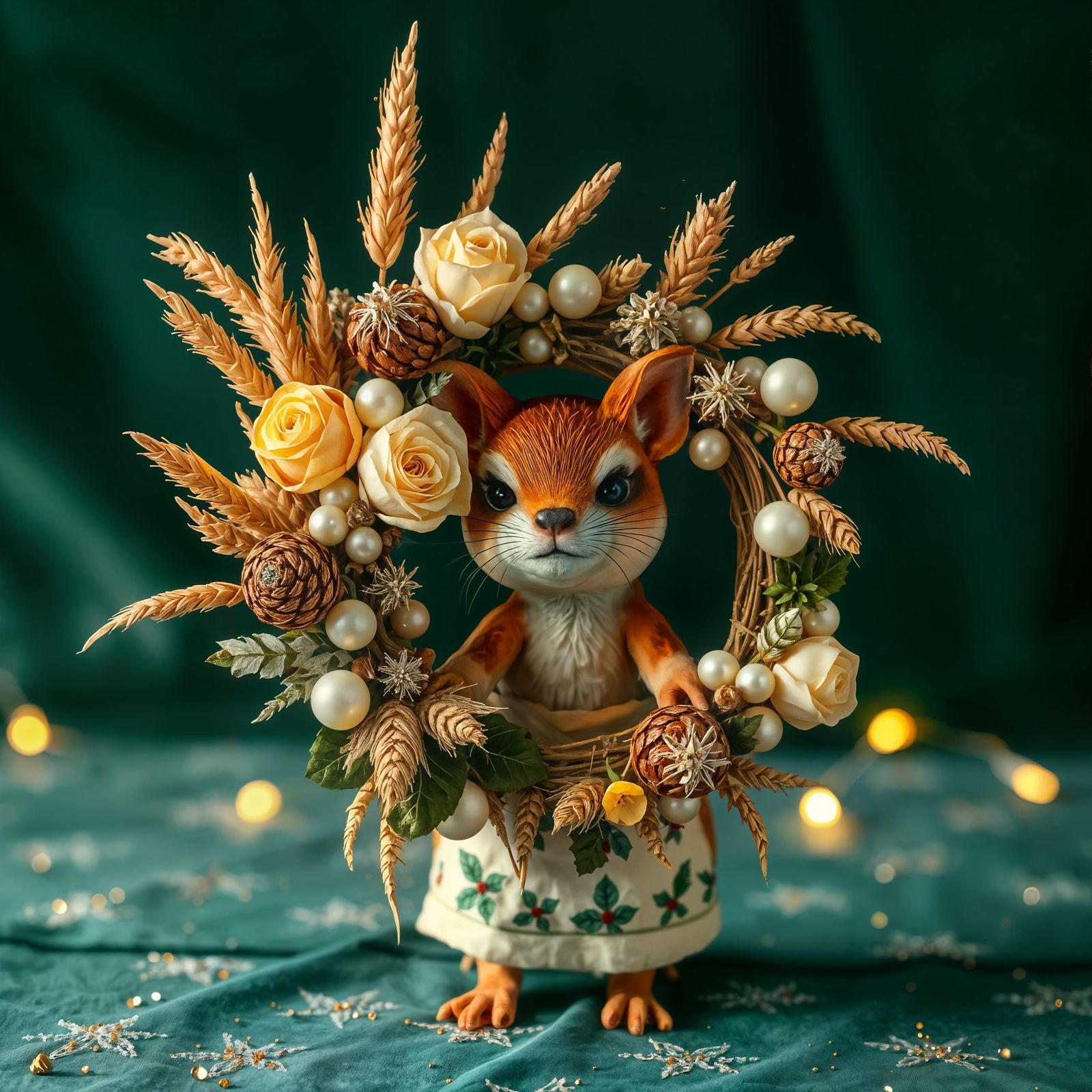 Whimsical Christmas Dried Flower Wreath in Folk Art Style