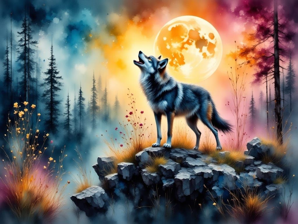 Moonlit Timberwolf in Vibrant Abstraction
