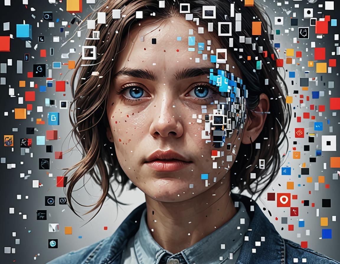 Surreal Cyberpunk Cityscape in Fragmented Pixel Style