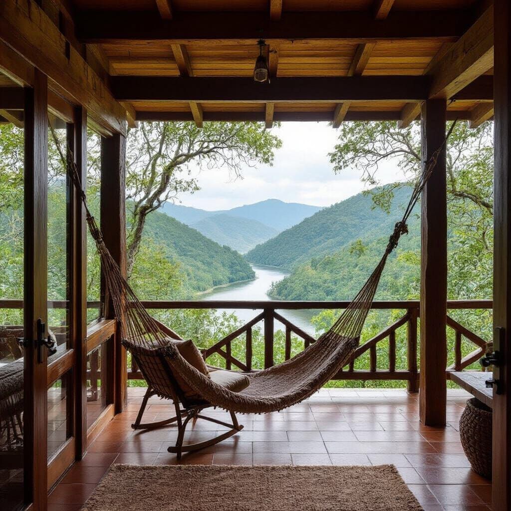 Rustic Veranda with River View, Natural Textures