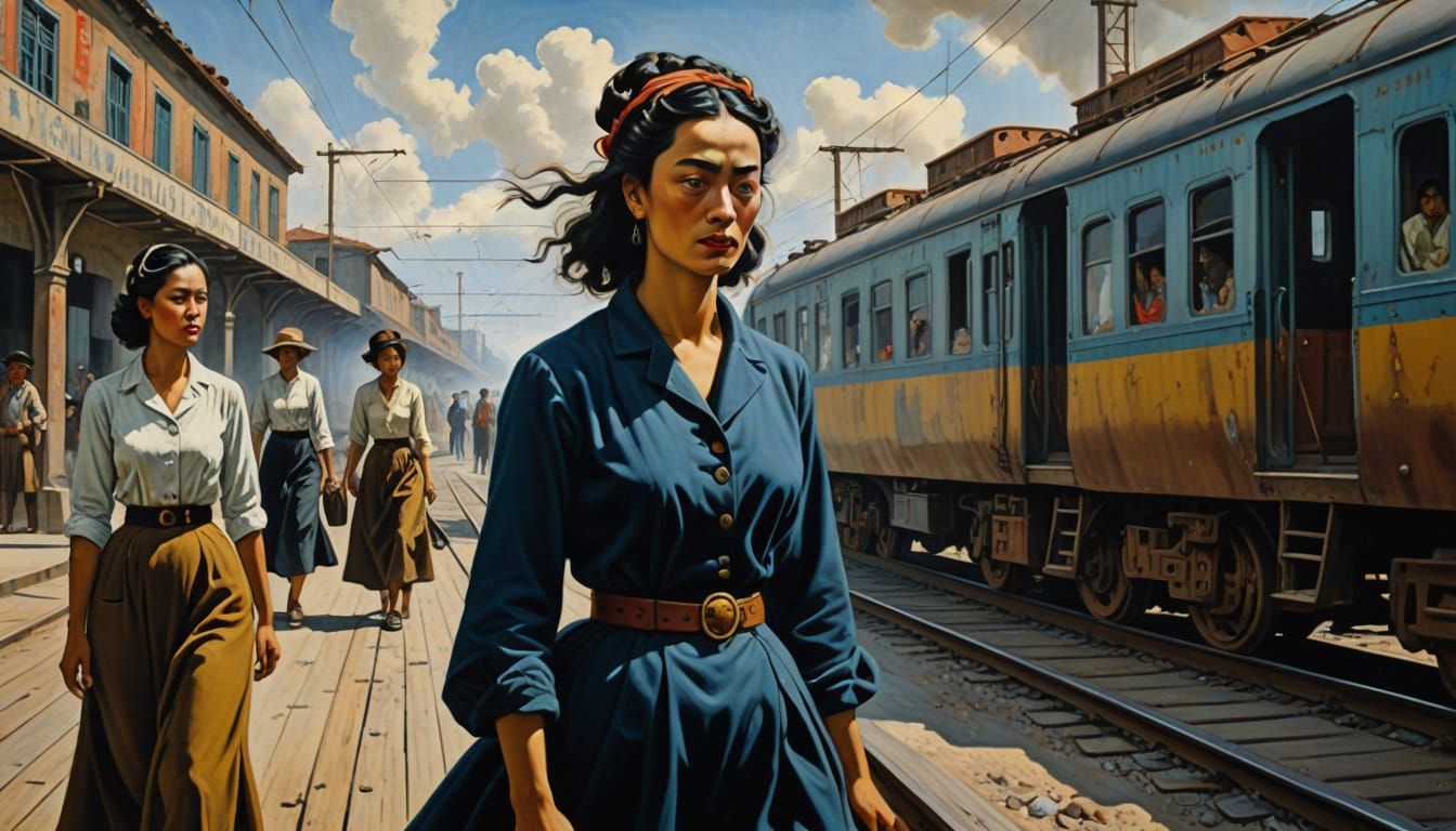 Surrealist Painting of Woman on Train Platform