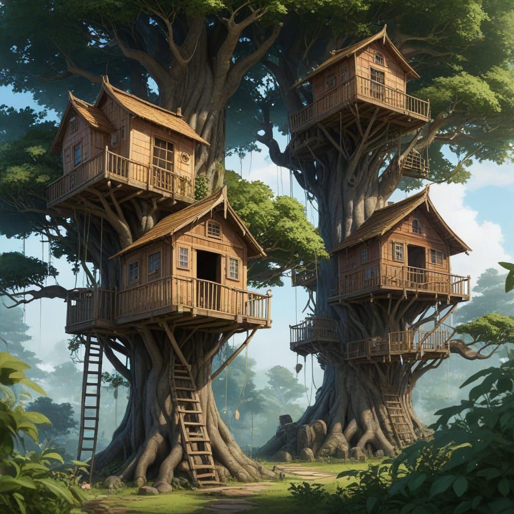Anime-Inspired Treehouses in Japanese Fantasy Landscapes