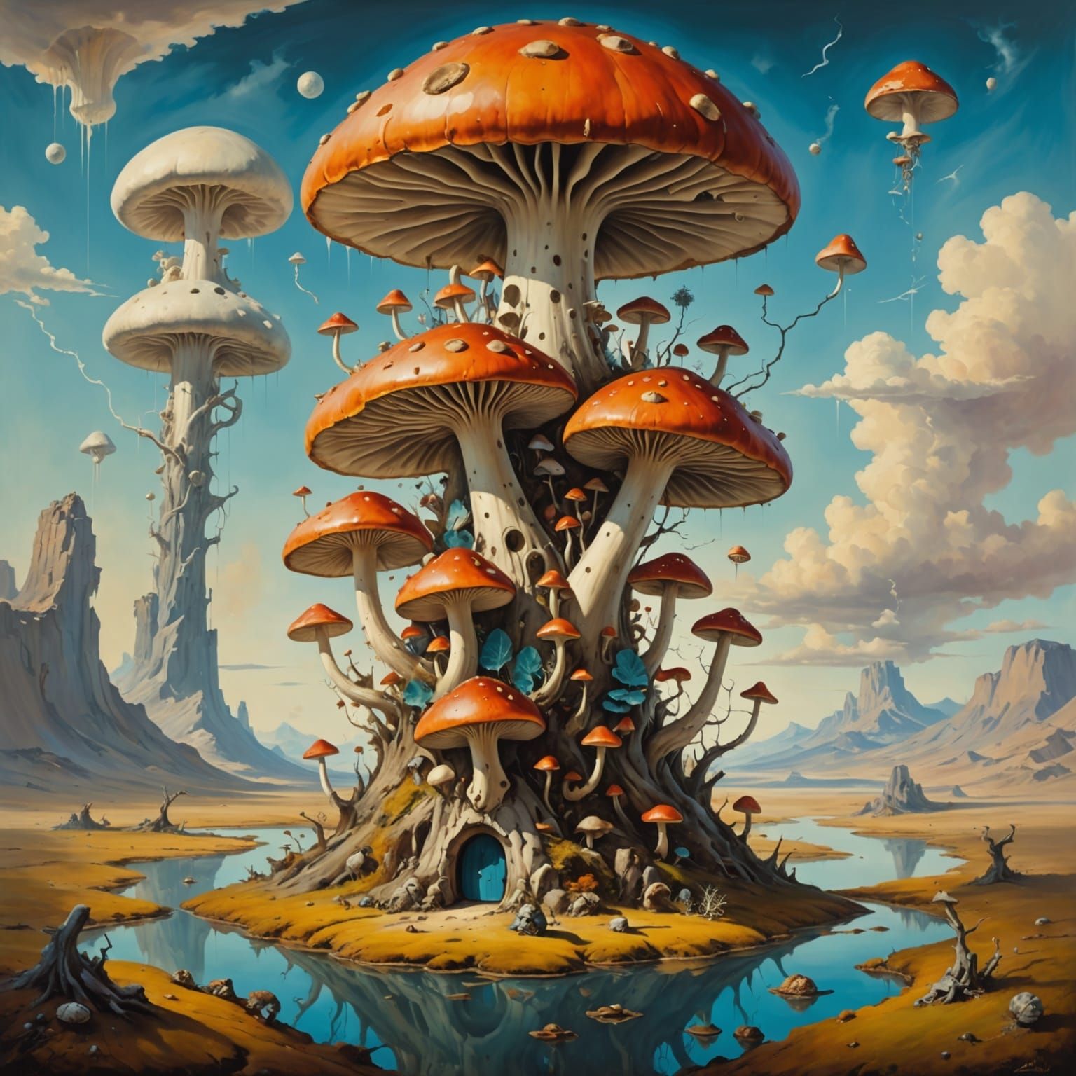 Surrealistic Scene of Towering Mushrooms in a Melting Landsc...