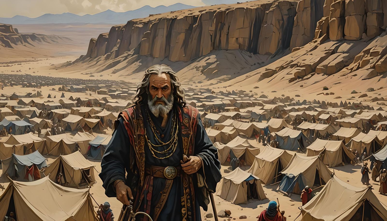 Moses in Ancient Desert, Impasto Gouache Painting