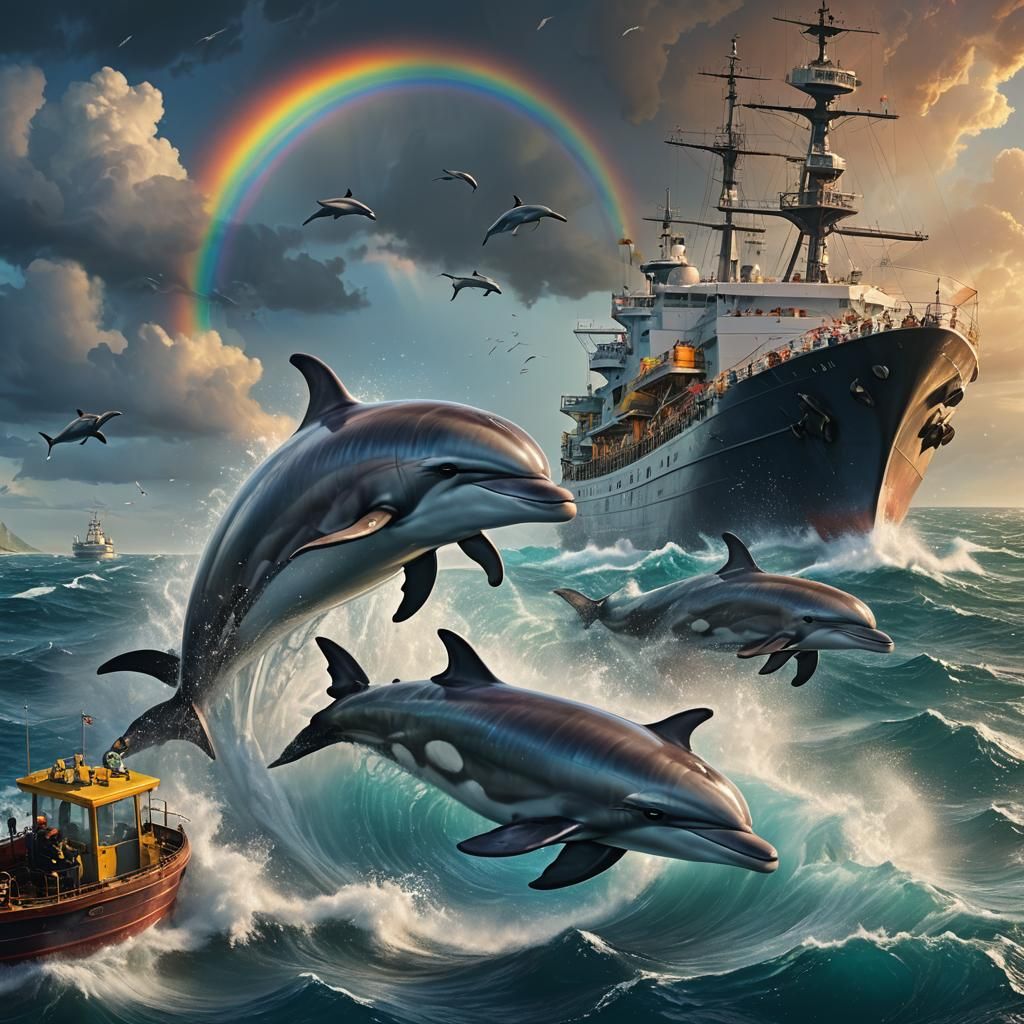 Mother and Calf Dolphins Leap Over Rainbow at Sea