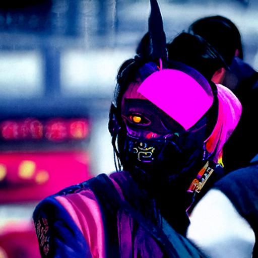 Woman in Oni Mask in Cyberpunk Neon Cityscape
